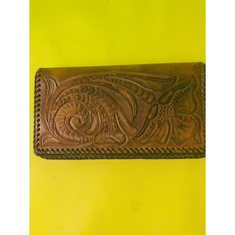 Handmade Tooled Leather Wallet Checkbook Cover Braided Western Floral